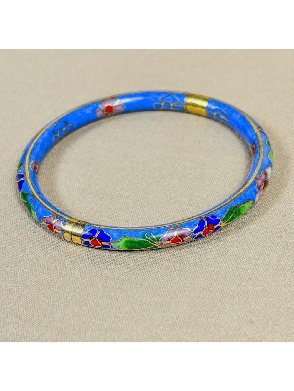 Antique Chinese Champleve Enamel Hinged Bracelet Childs Floral Brass C80
